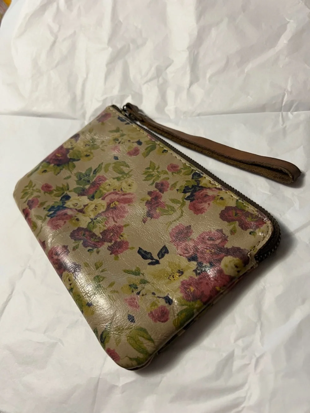 Patricia Nash Floral Print Leather Wristlet Tan & Pink